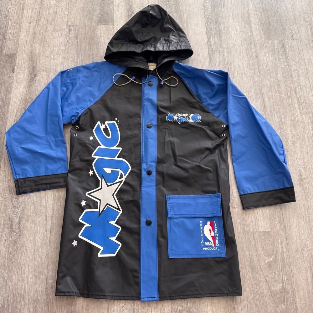 Vintage Orlando Magic NBA Rain Jacket Kids Size 7 Black Blue Hooded Slicker